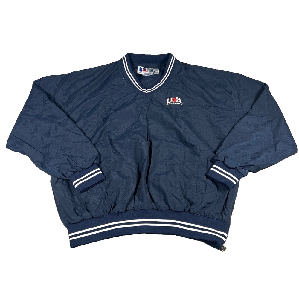 Vintage Russell Athletic USA Baseball Windbreaker Jacket Mens XL Blue Pullover